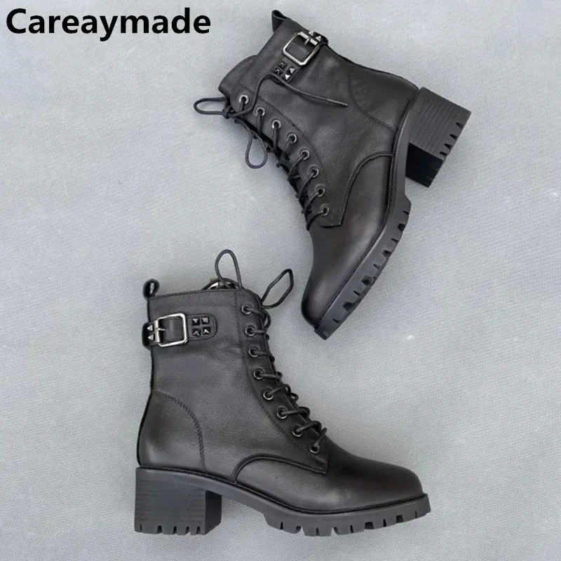 

Женские сапоги Careaymade из натуральной воловьей кожи на среднем каблуке, женские мотоциклетные сапоги на толстом каблуке