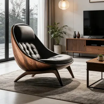 Poltrona Lounge di Design Nordico, Sedia Reclinabile in Vera Pelle Premium per Hotel di Lusso, Lobby e Appartamenti