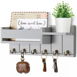Rustic Wooden Wall Shelf with Six Hooks for Mail and Key Organization (GRAY)