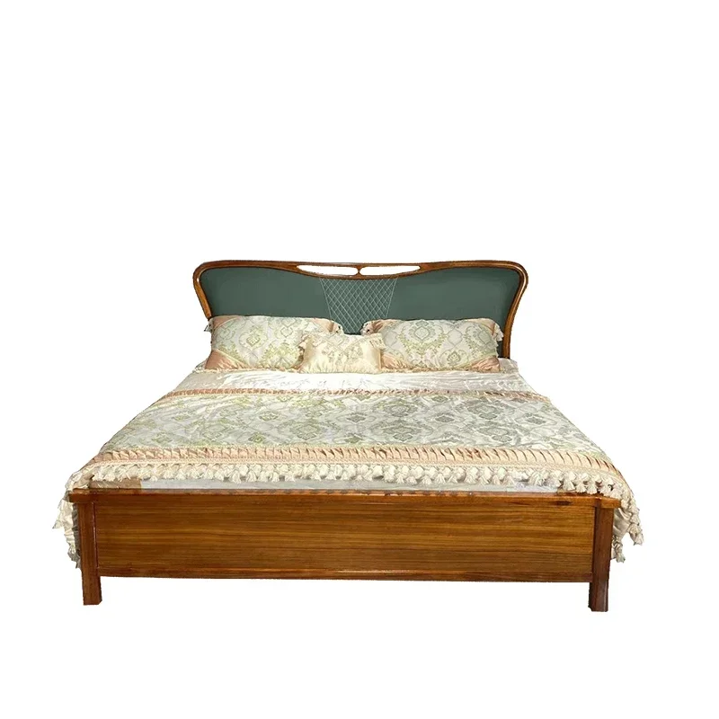 1Ugyen Wood Simple Modern Solid Wood Bed Small Apartment Leather Double Bed Bedroom Furniture