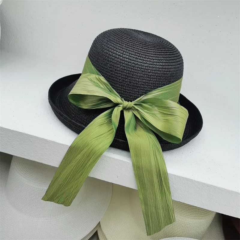 

2023 New Summer Women Elegant Bow Hepburn Wide Brim Straw Hat Anti UV Floppy Sun Hat Church Kentucky Derby Breathable Beach Hat