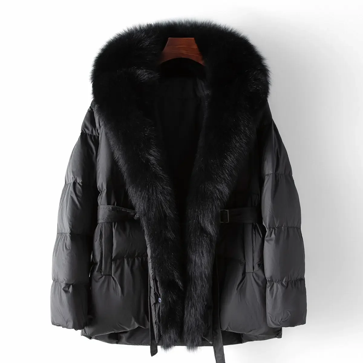 

2024 Winter Real Fox Fur Collar Thick Women Warm Puffer Jacket 90% White Duck Down Coat Luxury Outwear with Belt Female Parka