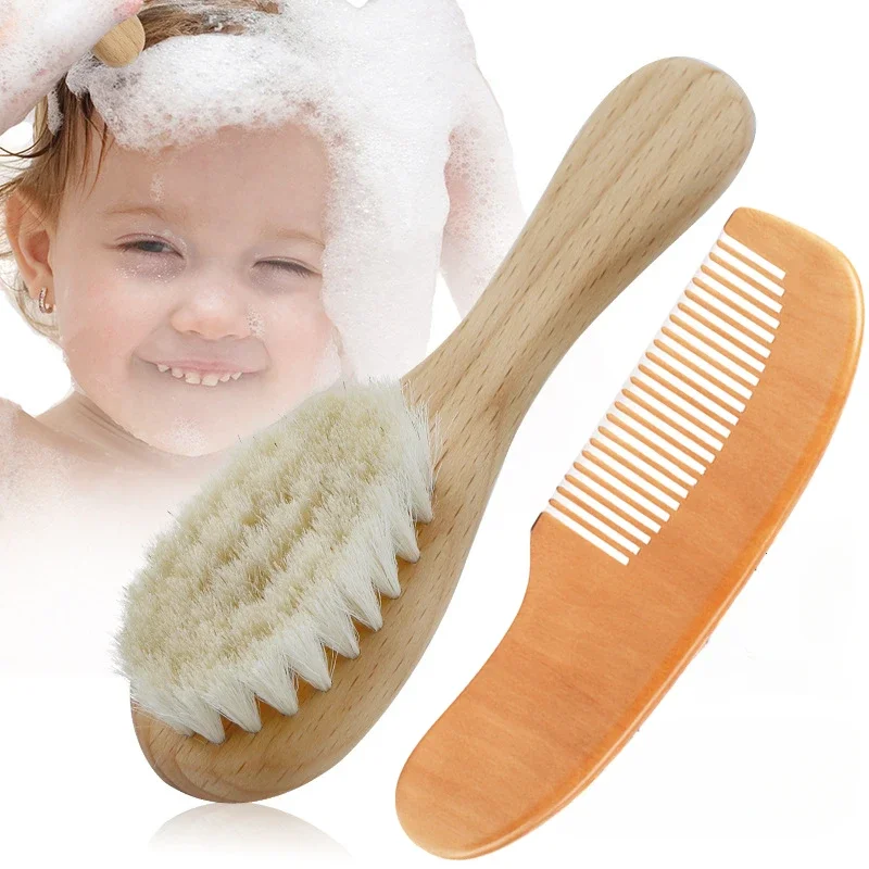 Newborn Baby Wool Wood Brush Comb Head Massage Tool Portable Baby Comb Bath Brush Comb Special for Real Hair Wigs hair brush comb