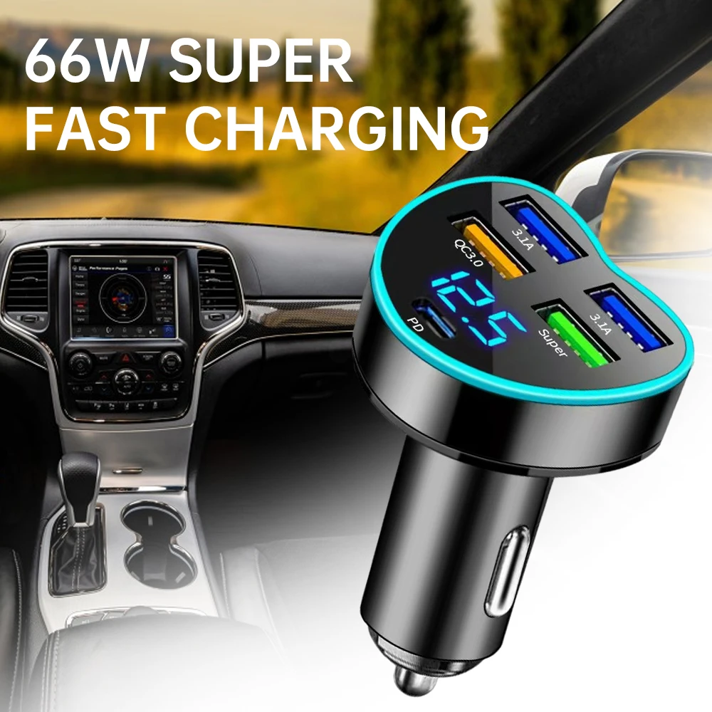 

66W Car Charger 5 Ports Super Fast Charging PD QC3.0 USB Type C Car Phone Charger Adapter Cigarette Lighter with Digital Display