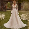 Simplicity A-Line Lady Wedding Dresses Customized V-Neck Long Trumpet Sleeves Bridal Gowns Shining Decals Embellishments Robes 1
