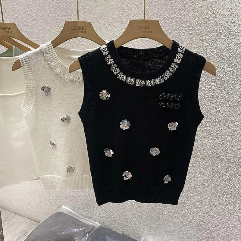 

Spice Girl Ice Silk Beaded Knitted Vest Women's 2024 Summer High Quality Fashion Elegant Slim-Fit Short Outer Wear Sling Top