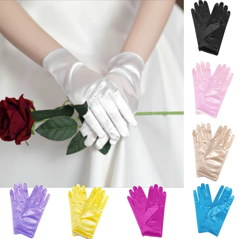 

Bridal Gloves Stretch Beaded Satin Gloves Satin Pearl Full Finger Mittens Women Wedding Bridal Short Gloves Performances Gloves