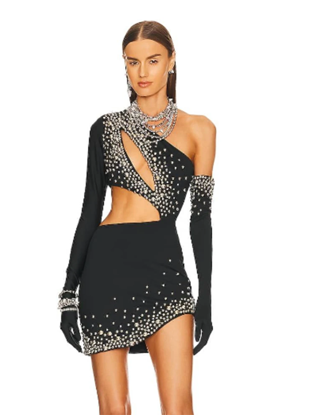 

Black Sexy Women's One Shoulder Long Sleeve Hollow Out Beaded Glove Bandage Mini Dress Bodycon Celebrity Party Evening Dress