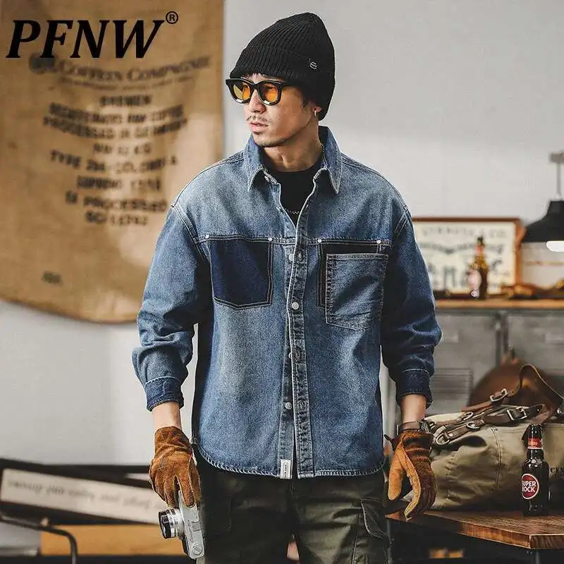 PFNW Spring New Denim Shirt Men's Tide Asymmetrical Colorblock Pocket Design Workwear Top Long-sleeved Shirt Coat 28W6012