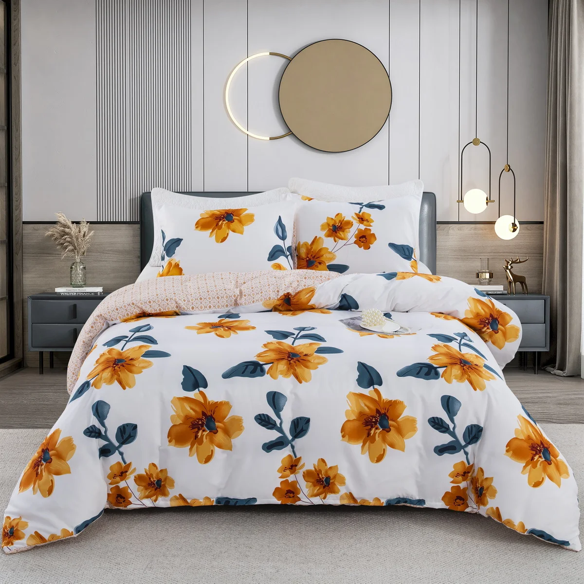 

3pcs Botanical Floral Duvet Cover Set,Soft Flowers Leaves Bedding Set,Microfiber Double Sided Printed Quilt Cover Twin King Size