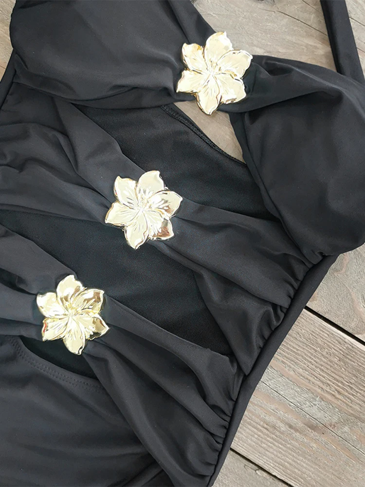 Metall Blume Aushöhlen Bikini Rock Anzüge Frauen Sexy Halter One Piece Bademode Mit Hüfte Paket Mini Röcke Mode Dame Sets – Detail 16