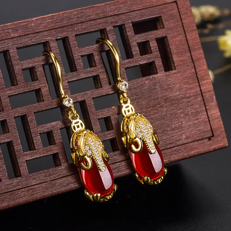 Pixiu Earrings Transfer Auspicious Pixiu Copper Coin Earrings Female Retro Ethnic Style Red Wedding Gifts