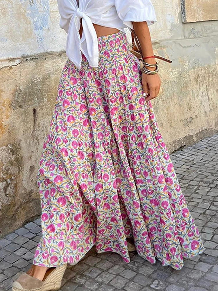 Summer Long Skirts Women Boho Print Skirt Female Floral Beach Maxi