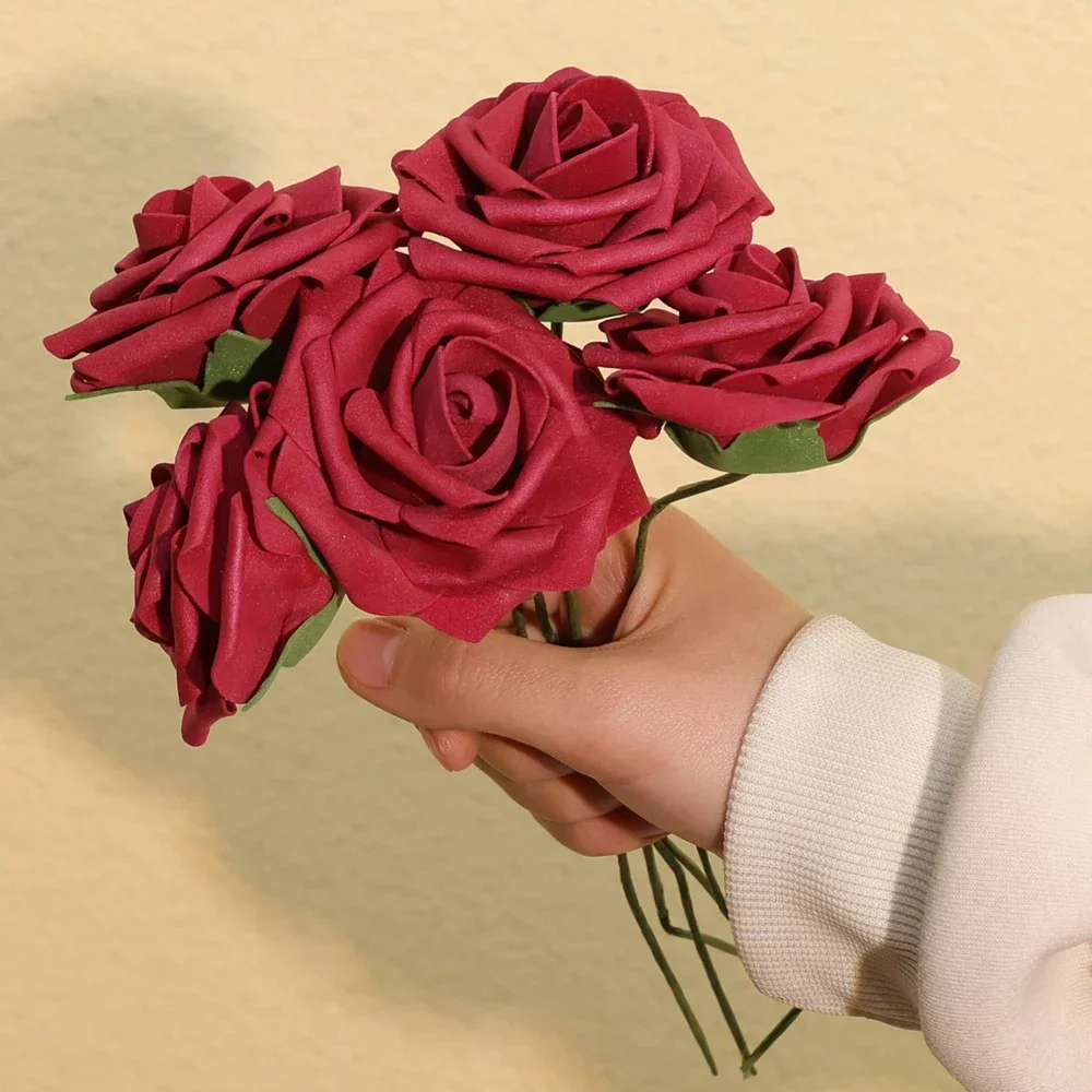 5-50Pcs Artificial Roses Flowers Foam Fake Rose Heads With Stems For DIY Wedding Bouquets Home Party Tables Decorations Supplies