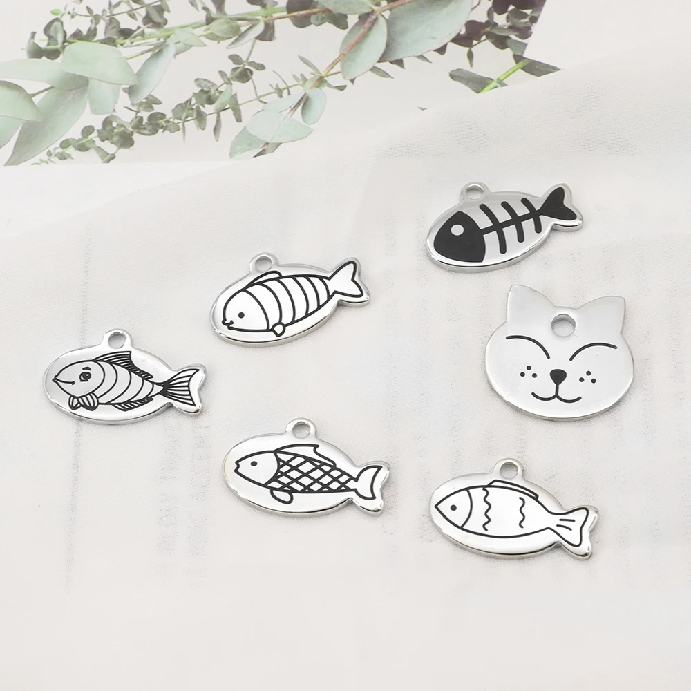 Cute Cat Tag Small Dog ID Tags Free Engraved Name Cats Kitten Name Tag Anti-lost Pet Collar Pendant Fish Shape&Cat Face Tags 5