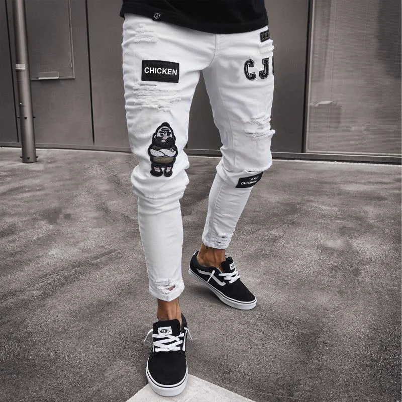 

Y2K Men's White Pencil Pants Men Hole Slim Fit High Quality Hip Hop Denim Trousers Mens Stretchy Ripped Skinny Embroidered Jeans