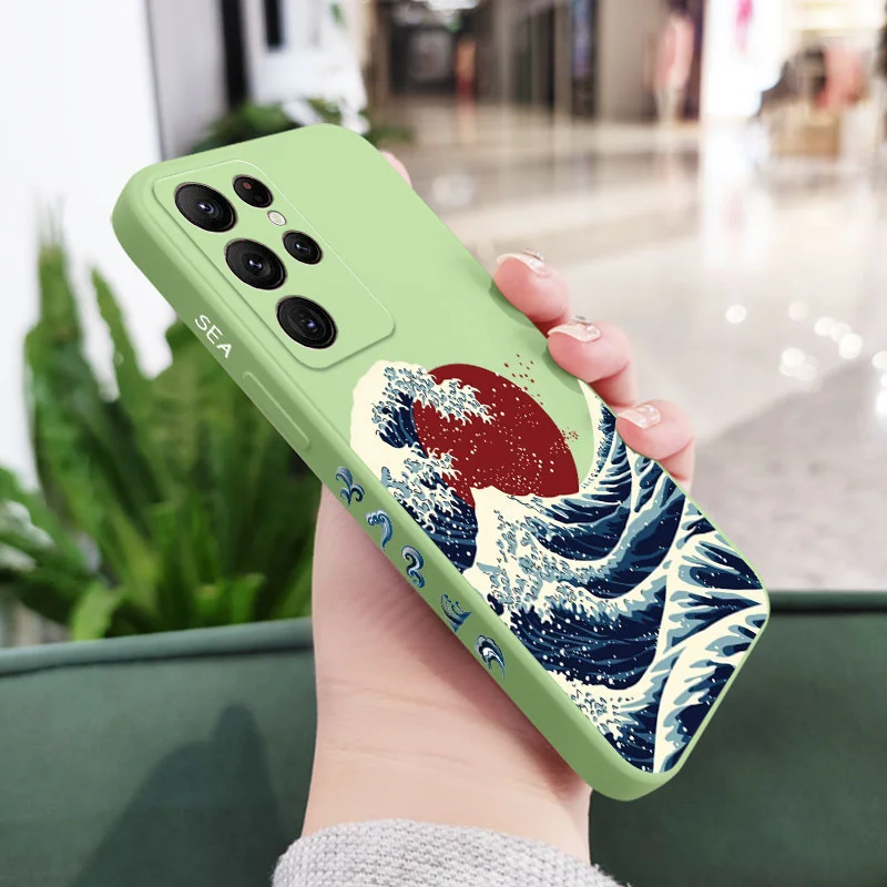 Red Sun Sea Waves Phone Case - Artistic Design Cover