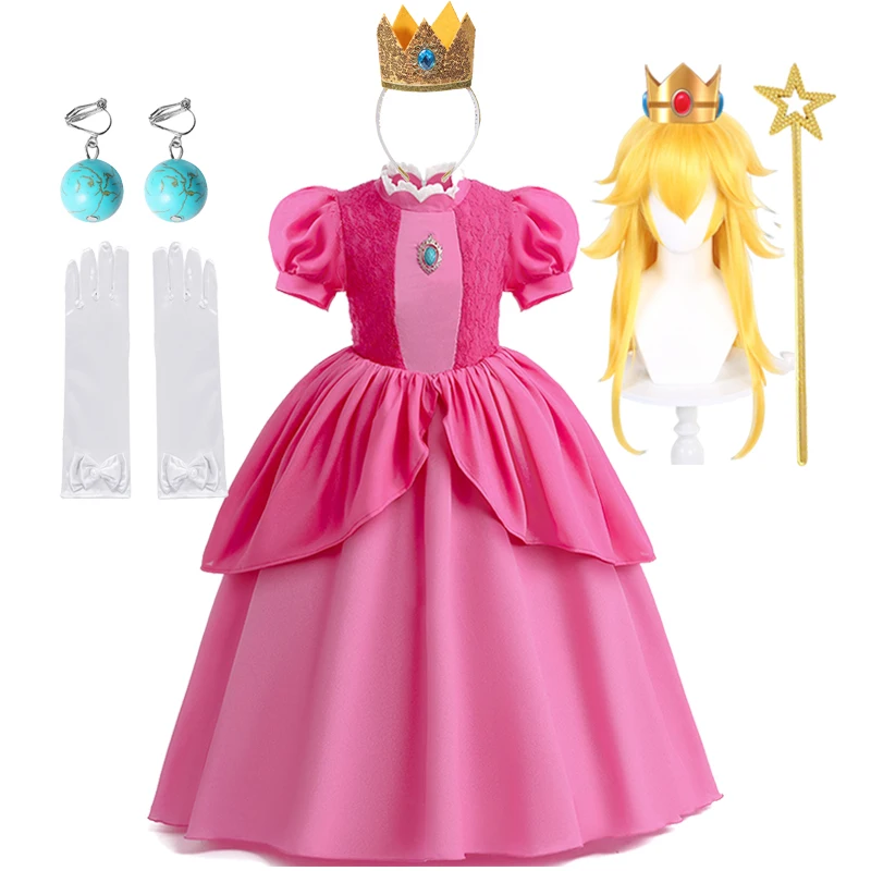 

Peach Princess Cosplay Dress Girl Movie Role Playing Costume Birthday Party Performance Outfits Kids Carnival Elegant Clothes