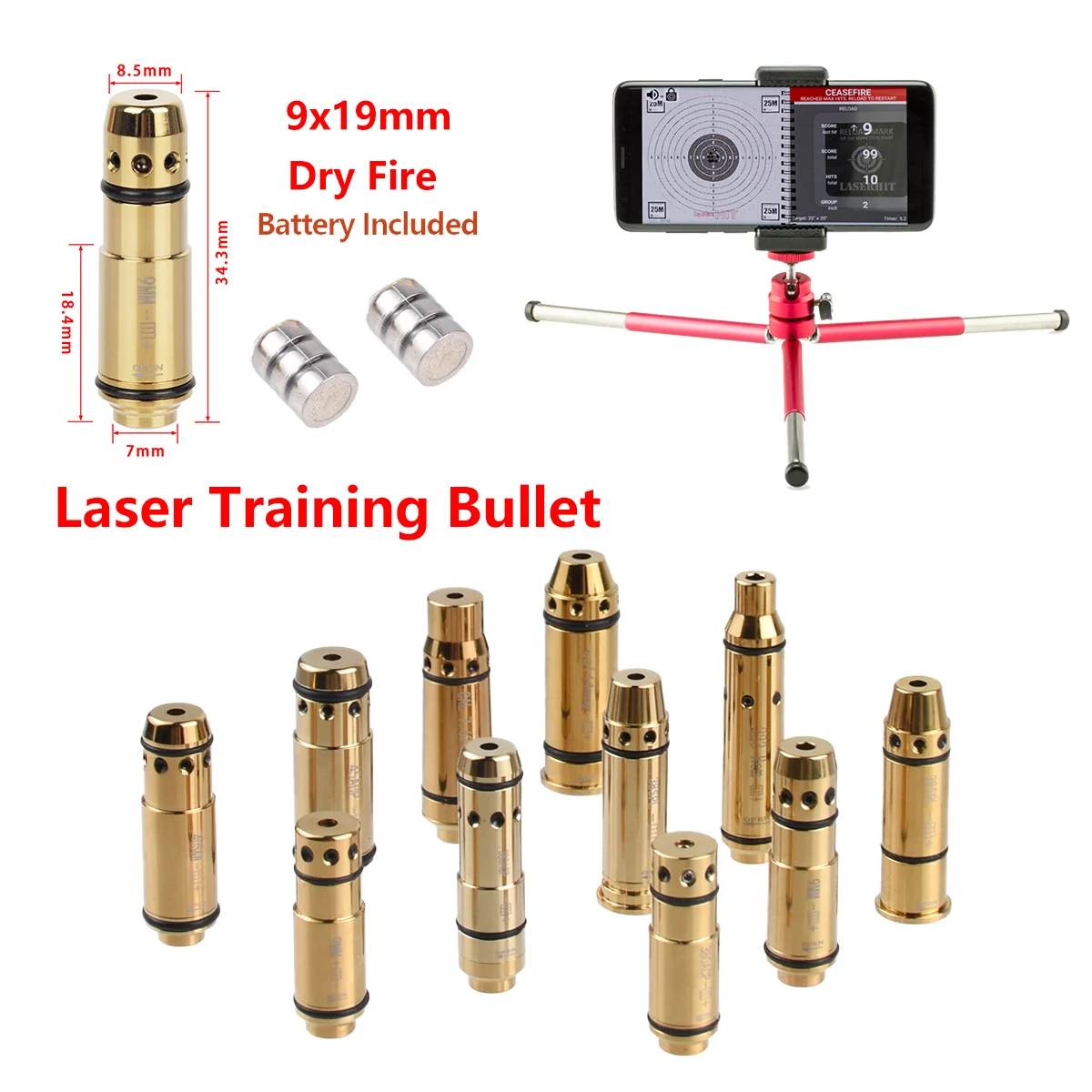 9mm Dry Fire Laser Training Practice 7.62x39mm 9x19mm/380ACP/223Rem Laser Bore Sight With Snap Cap AK47 Laser Trainer Cartridge