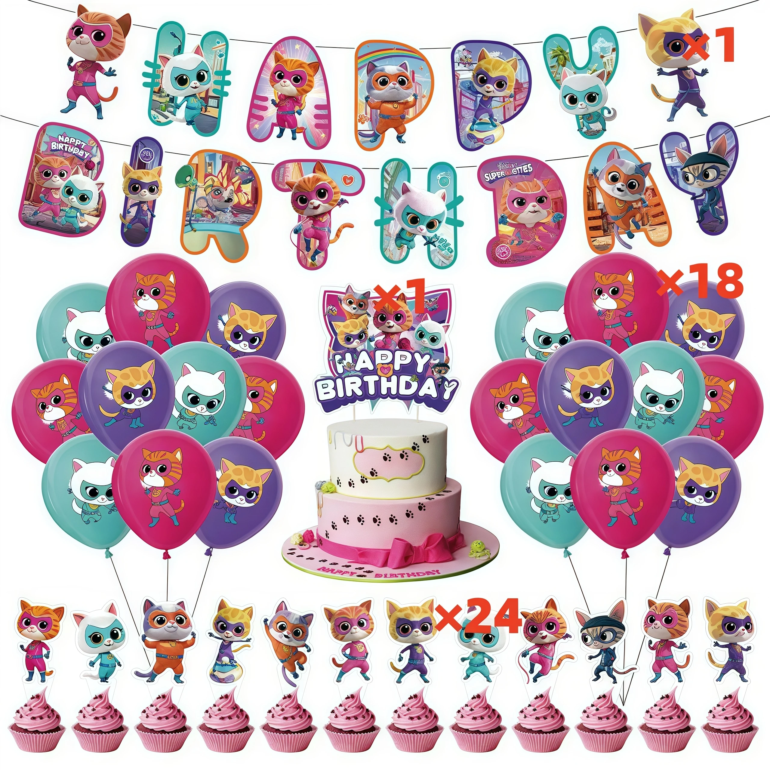 SuperKittyed Geburtstagsparty-Zubehör, Cartoon-Katze, Einweggeschirr, Pappbecher, Teller, Serviettenhintergrund, Kind, Babyparty, Dekoration – Detail 16
