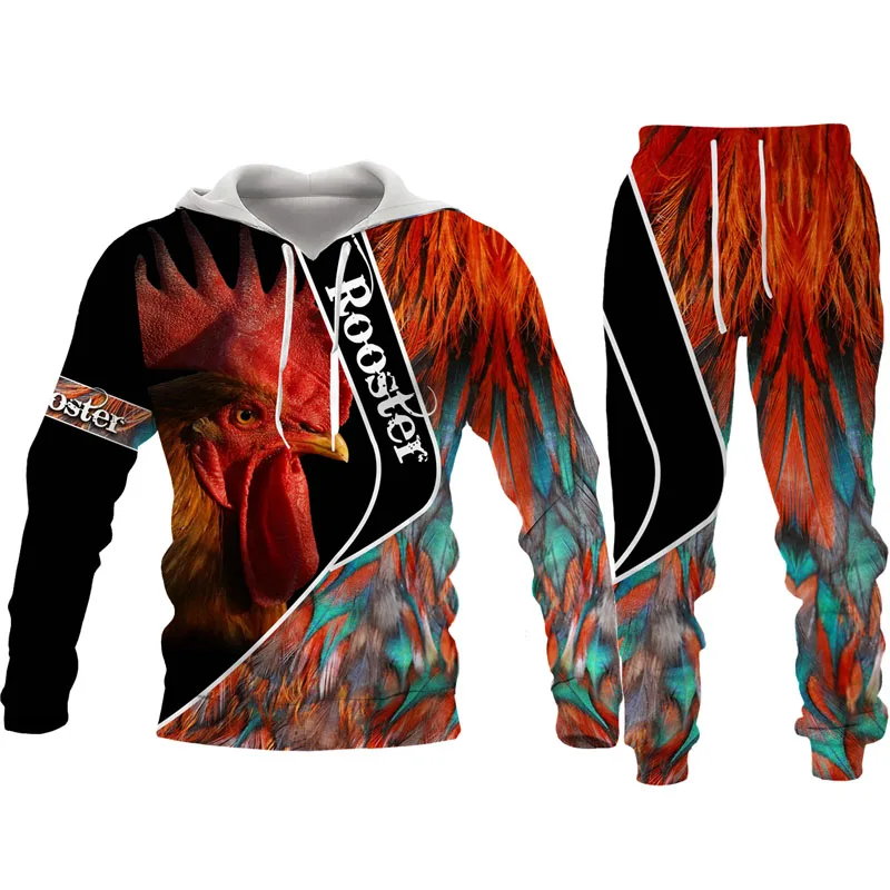수탉 사냥 카모 운동복 세트, 하라주쿠 남녀공용 후드 및 바지 투피스 세트, 콕 동물 3D 프린트, 오버사이즈 캐주얼 풀오버