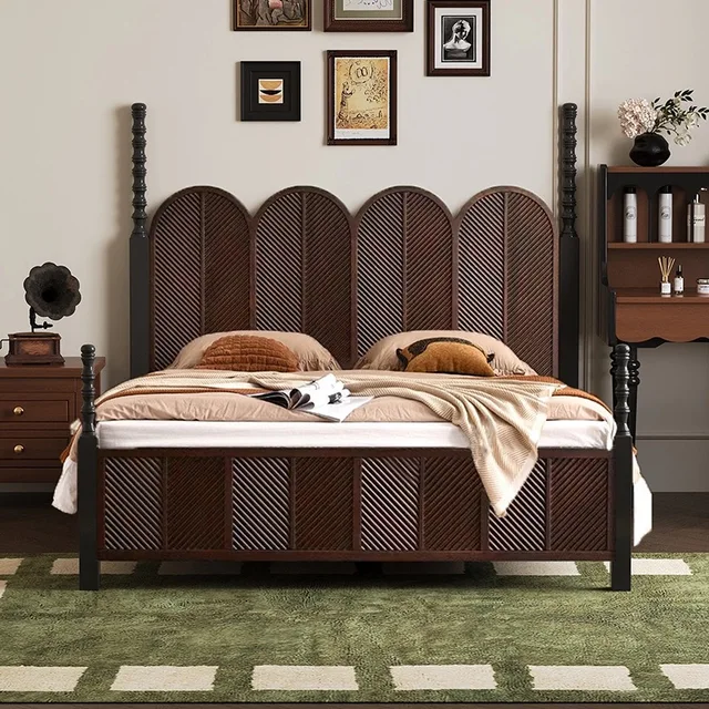 French Retro Solid Wood Beds Nordic Creative Guesthouse & Hotel Double Bed High-End Bedroom Japanese Furniture Fauteuil Lit FYBB 5