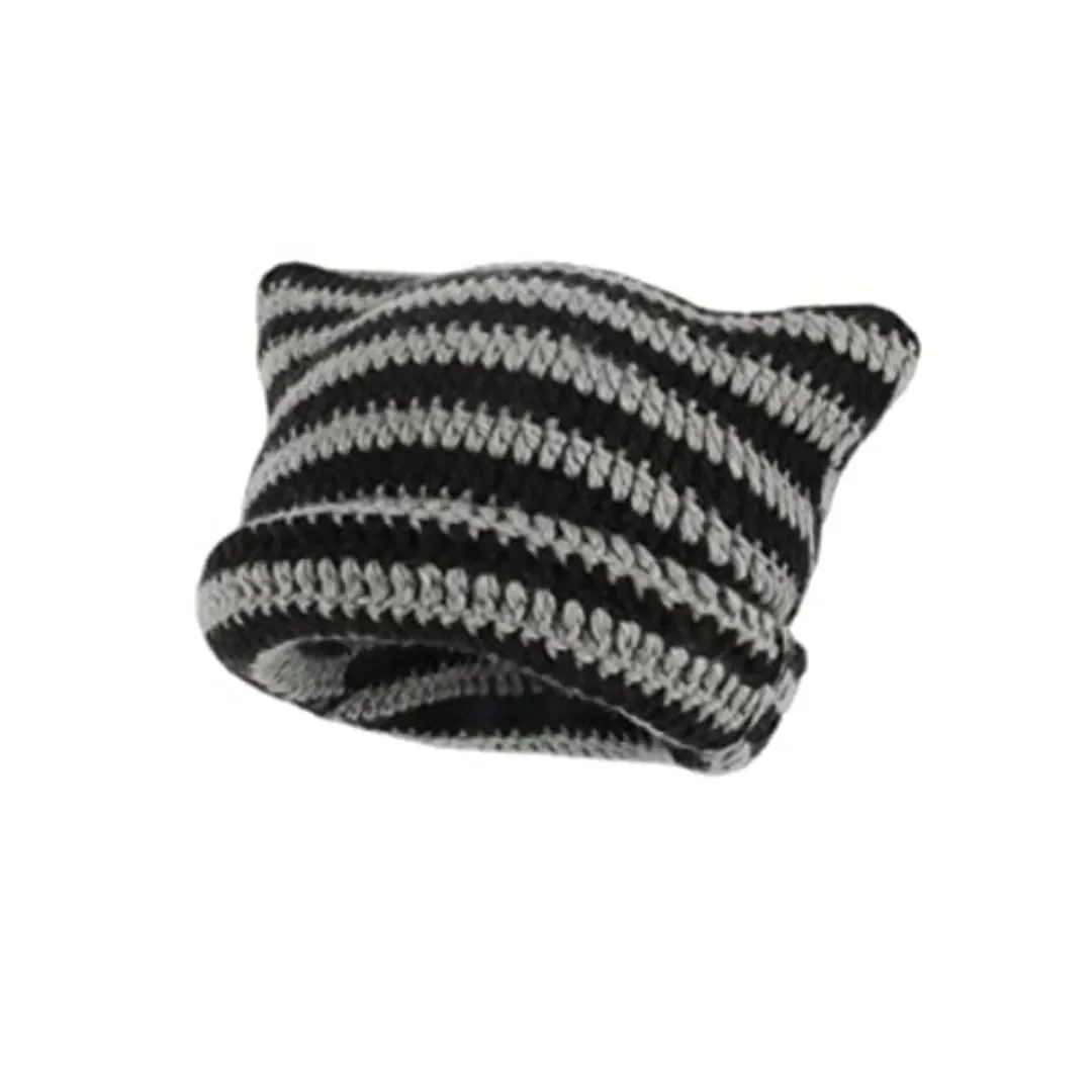 

Cute Cat Ears Beanie Hats for Women Winter Striped Korean Punk Gothic Y2K Wool Knitted Streetwear Handmade Crochet Bucket Cap