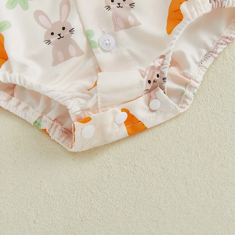 0-18Months Newborn Baby Boy Easter Romper Bunny Print Short Sleeve Lapel Neck Bodysuit with Bowtie Cute Spring Summer Clothes