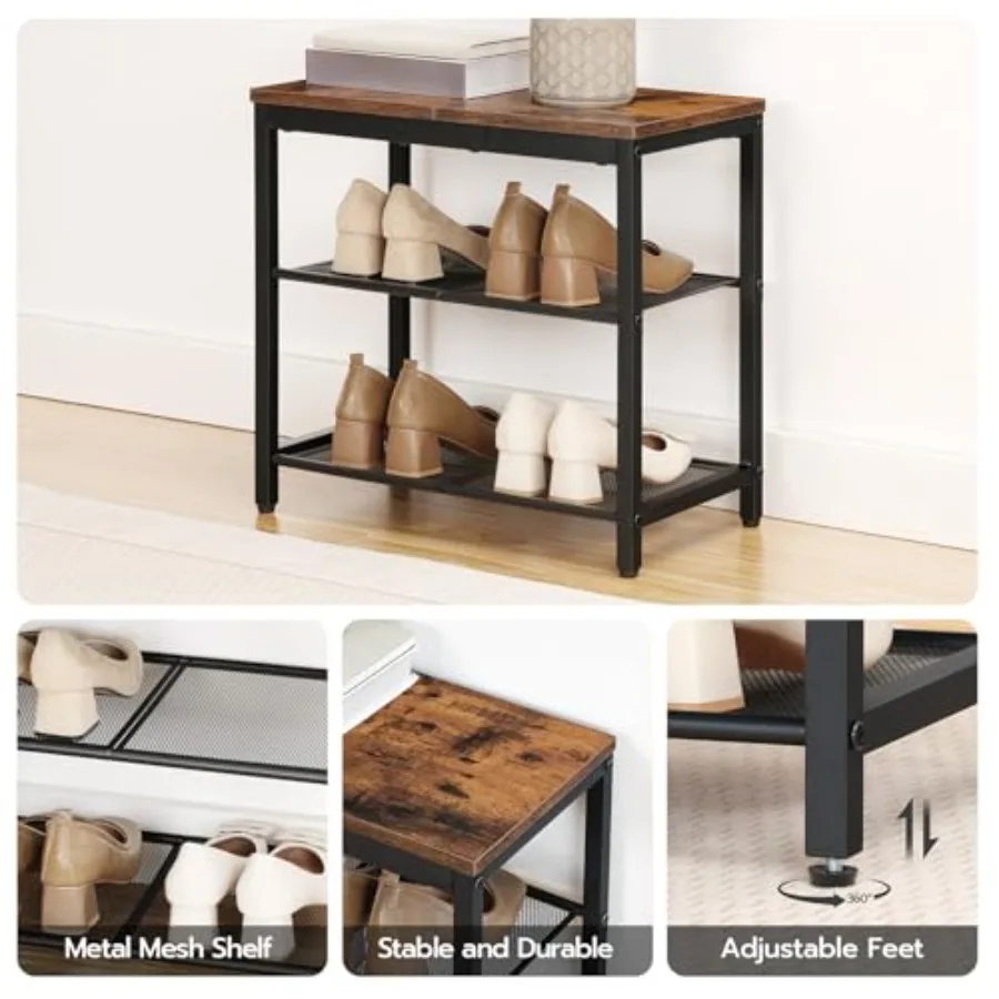 Shoe Bench 3Tier Shoe Rack Industrial Shoe Organizer Storage Bench 19.7 inches Entry Bench with Mesh Shelves for Entryway Livin