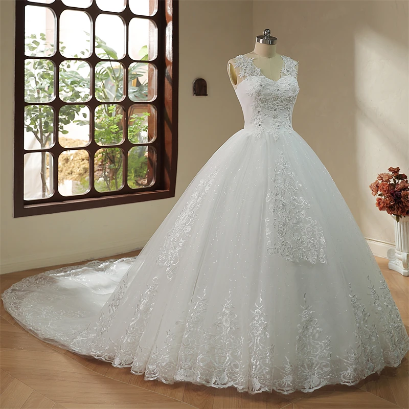 Y&M Novias V Neck Sweet Plus Size Vestido De Noiva 2024 Wedding Dress Long Train or Floor Length Appliqes Bridal Tulle Mariage 2