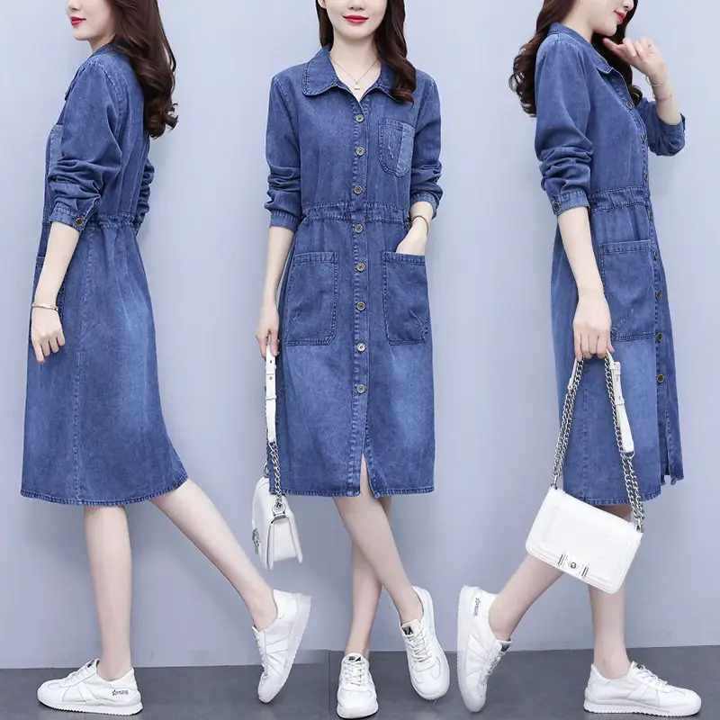

Large Size Women's Denim Dress 2022 Autumn Fashion Casual Long Sleeve Turn Down Collar Vintage Dress Trendy Jenas Vestidos T075