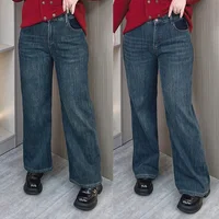 Plus Szie Women Fleece-lined Thickening Straight Jeans Winter Warm Loose Vintage Blue Casual Full Length Wide Leg Pants 6529-1 - Image 5