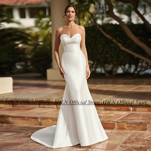 Bride Mermaid Wedding Dress Elegant Sleeveless Sweetheart Back Applique Zipper Buttons Sweep Train Trumpet Satin Bridal Gown