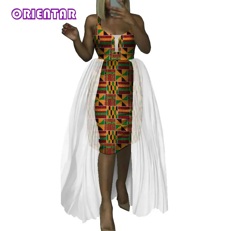 

Bazin Riche African Dresses for Women Robe Africaine Femme High Waist Fashion Dress with White Yarn Wedding Party Clothes WY9041