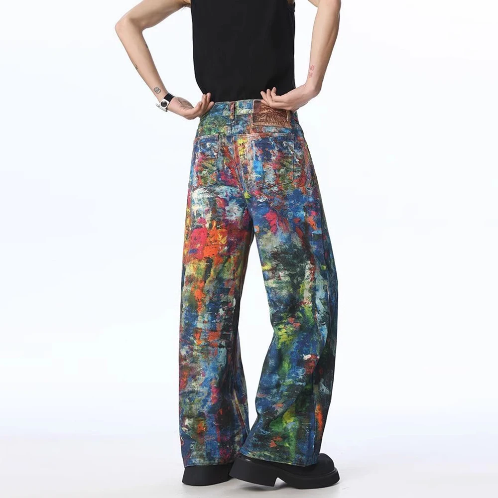 Vintage 3D Color Printing Splashed Ink Oil Painting Slim Straight Leg Denim Jeans Men Streetwear Y2k Casual Wide Jeans Pants Man
