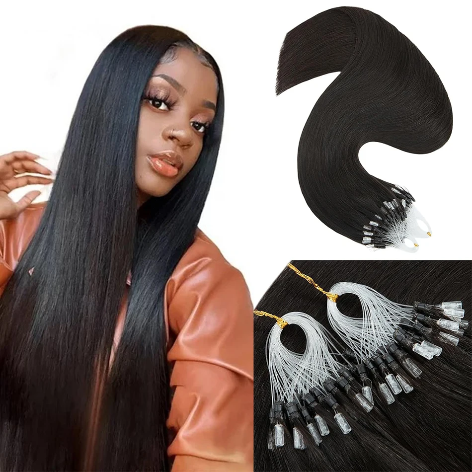16 26 Inch Straight Micro Loop Hair Extensions #1B Natural Black Real Hair 1g/1strand 50G Extensions Micro Ring