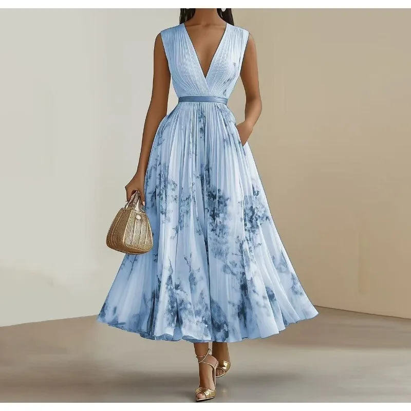 Elegant Maxi Dresses Women Summer 2026 V Neck Sleeveless Party Draped  Vintage Office Floral A-line Dress Lady Chic Evening Gown