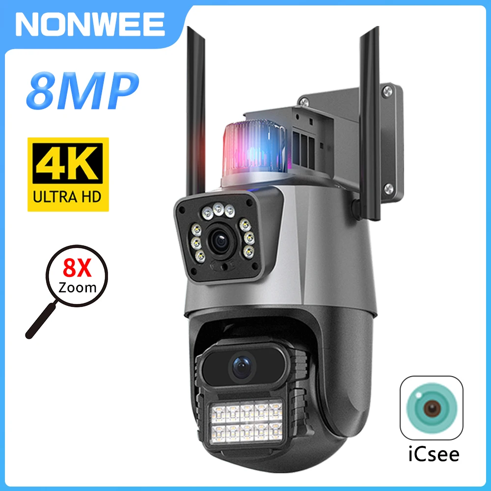 8MP 4K IP Camera Outdoor PTZ Wifi Dual Lens Dual Screen Security Video Surveillance Cameras Auto Tracking Light Alarm ICSEE APP