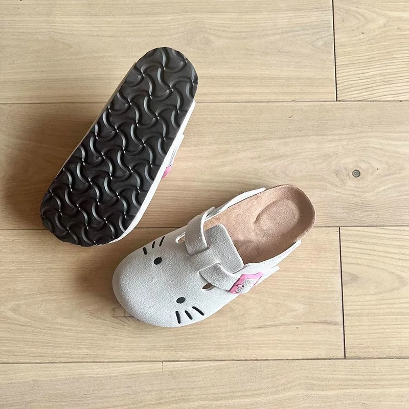 Cartoon Hello Kitty Suede Mules For Women Thicken Platform Closed Toe Round Slippers Sanrio Clogs Cork Insole Slides Sandals 3