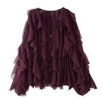 YENKYE New 2025 Women Sexy Semi-sheer Ruffle Shirt Long Sleeve V Neck Front Button Autumn Blouse Burgundy Blusas Mujer - Image 3
