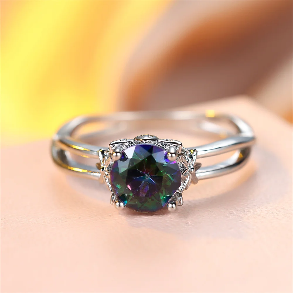 Rainbow Crystal Round Stone Rings For Women Classic Silver Color Multicolor Birthstone Wedding Band Jewelry Mother's Day Gift