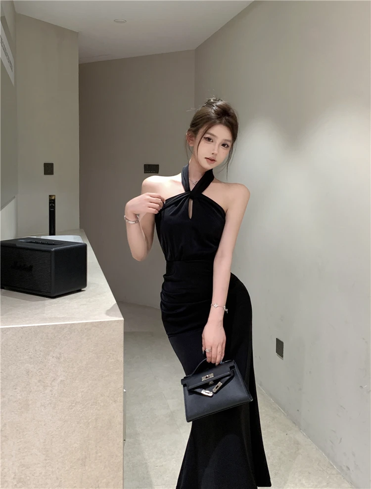 Sexy Bodycon Satin Evening Party Dress Sleeveless Halter Slim Mermaid Summer New Midi Dresses for Women Prom Vestidos Mujer