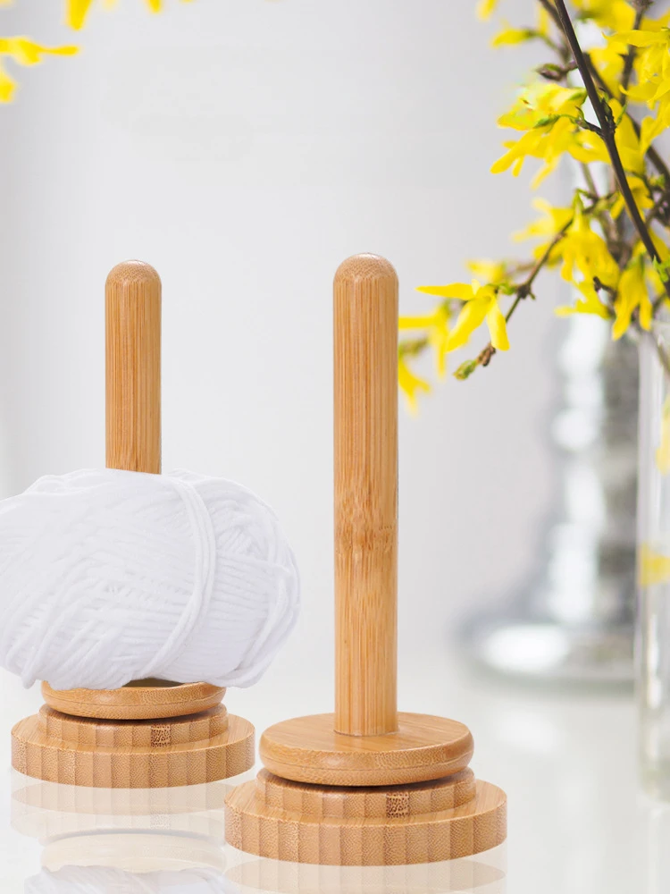 Wooden Yarn Holder Rotatable Ball Thread Stand with Storage Shelf Desktop Spindle Organizer for Knitting Crochet Natural Bamboo