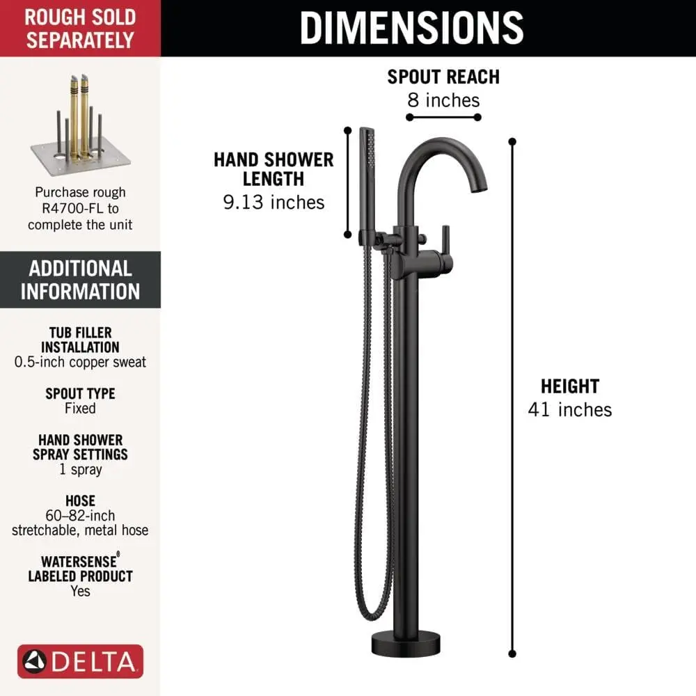 Trinsic Floor Mount Freestanding Tub Filler with Hand Held Shower Black Bathtub Faucet Tub Faucet Matte Black