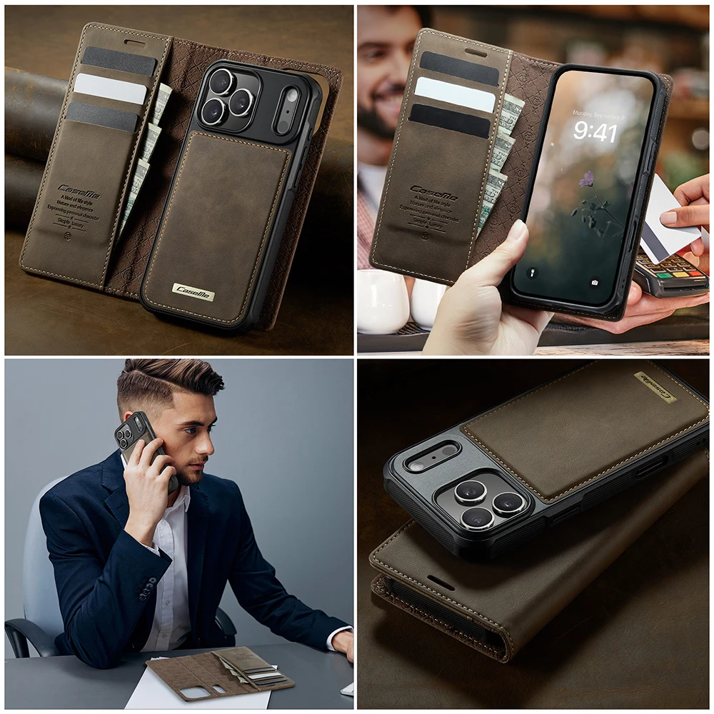 Leather Flip Wallet Case with Magnetic Detachable Design