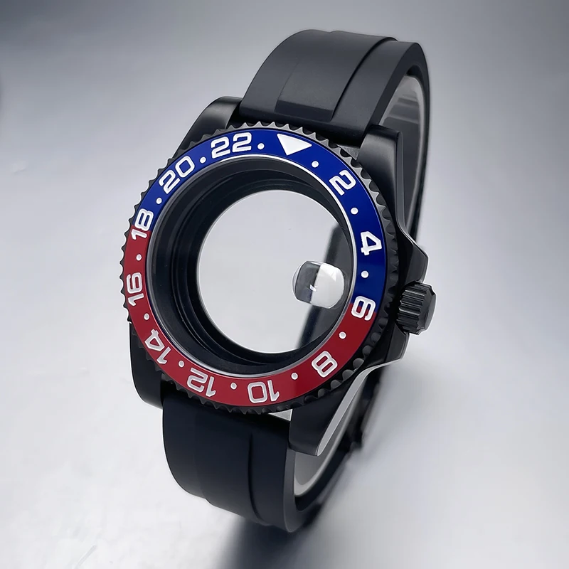 All-Black Sub Style Watch Case with Rubber Strap and Sapphire Crystal