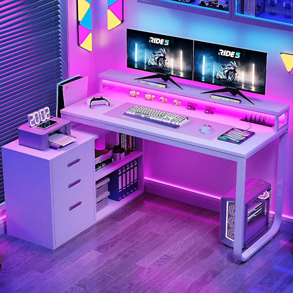 

L Shaped Desk 3 Drawers, 55" Corner Computer Desk Power Outlets & LED Lights W/ File Cabinet for Home Office White