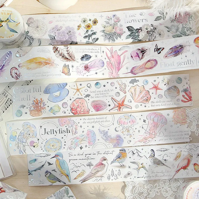 Marine Washi Tape Silver Foil Nature Washi Masking Tape Jellyfish Seashell Birds Decorative Journal Scrapbook DIY Craft