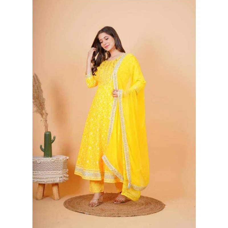 Heavy Duty Embroidery Work Anarkali Beautiful Yellow Kurti Pants Dupatta Set Fashion Trends