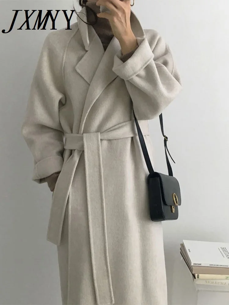 JXMYY French Lazy Style Warm Female Fresh Winter 2025 Classical Belt Retro Loose Women Woolen Coats Chic Casual Long Coat Long 4